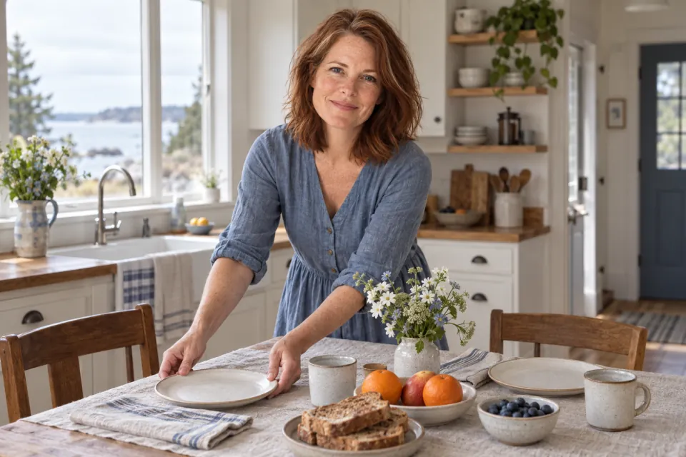 Maren setting a breakfast table for two