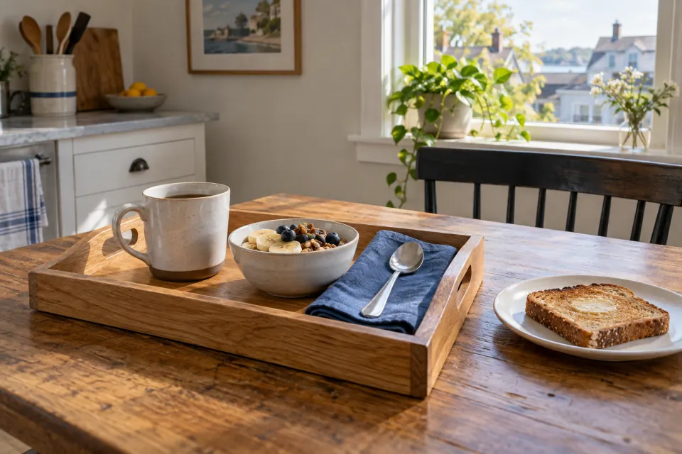 A tray is helpful when it carries a small breakfast safely, not when it becomes another surface to fill.