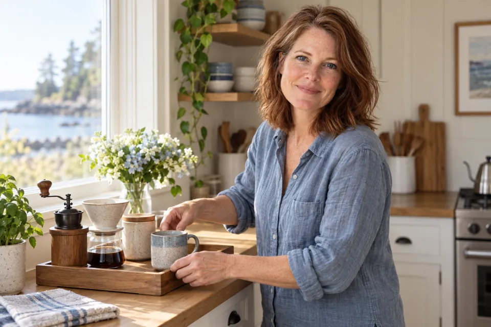 Maren arranging a compact coffee corner