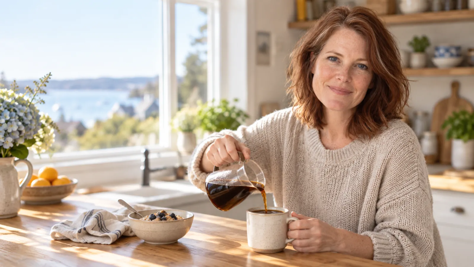 Maren pouring coffee at her kitchen table