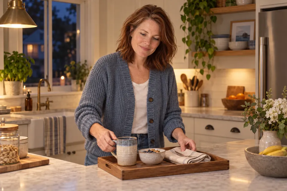 Maren setting a simple breakfast tray