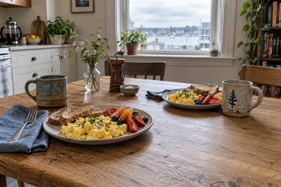A pleasant slower breakfast can still be simple: one warm dish, fruit and a table with room to sit.